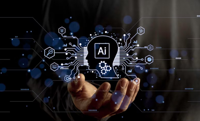 AI technology interface held above a hand