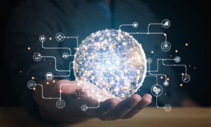Connected digital network sphere above a hand