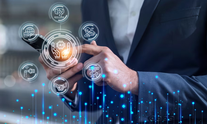 Business user interacting with digital automation icons