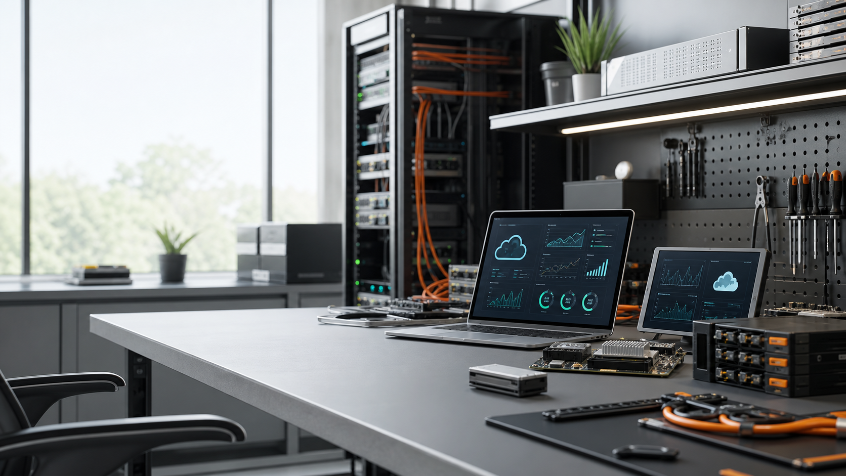 Modern IT operations workspace with network equipment and cloud dashboards